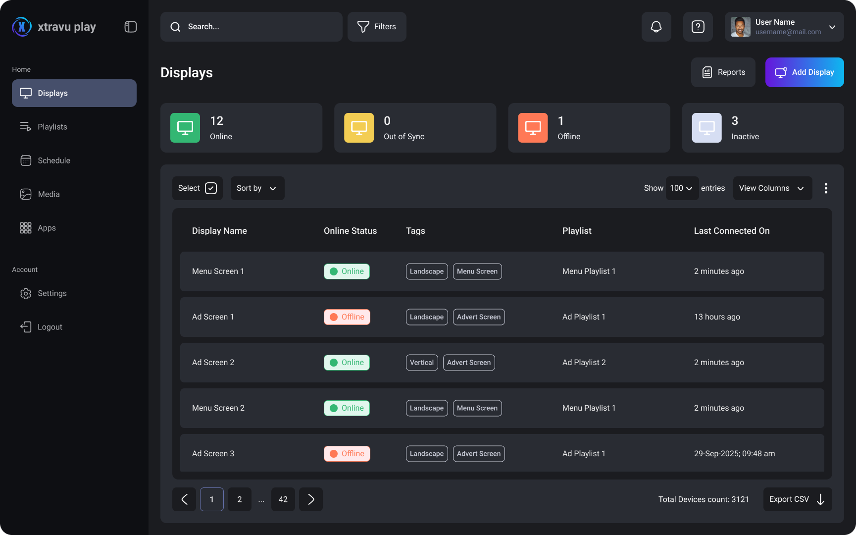 xtravu Digital Signage Software Dashboard Screen